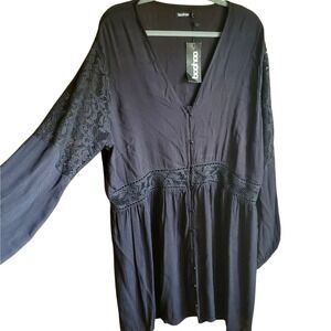 Boohoo Dress NWT Plus 16 1X Black Lacy Gauze Beach NEW Boho Long Sleeve Lace